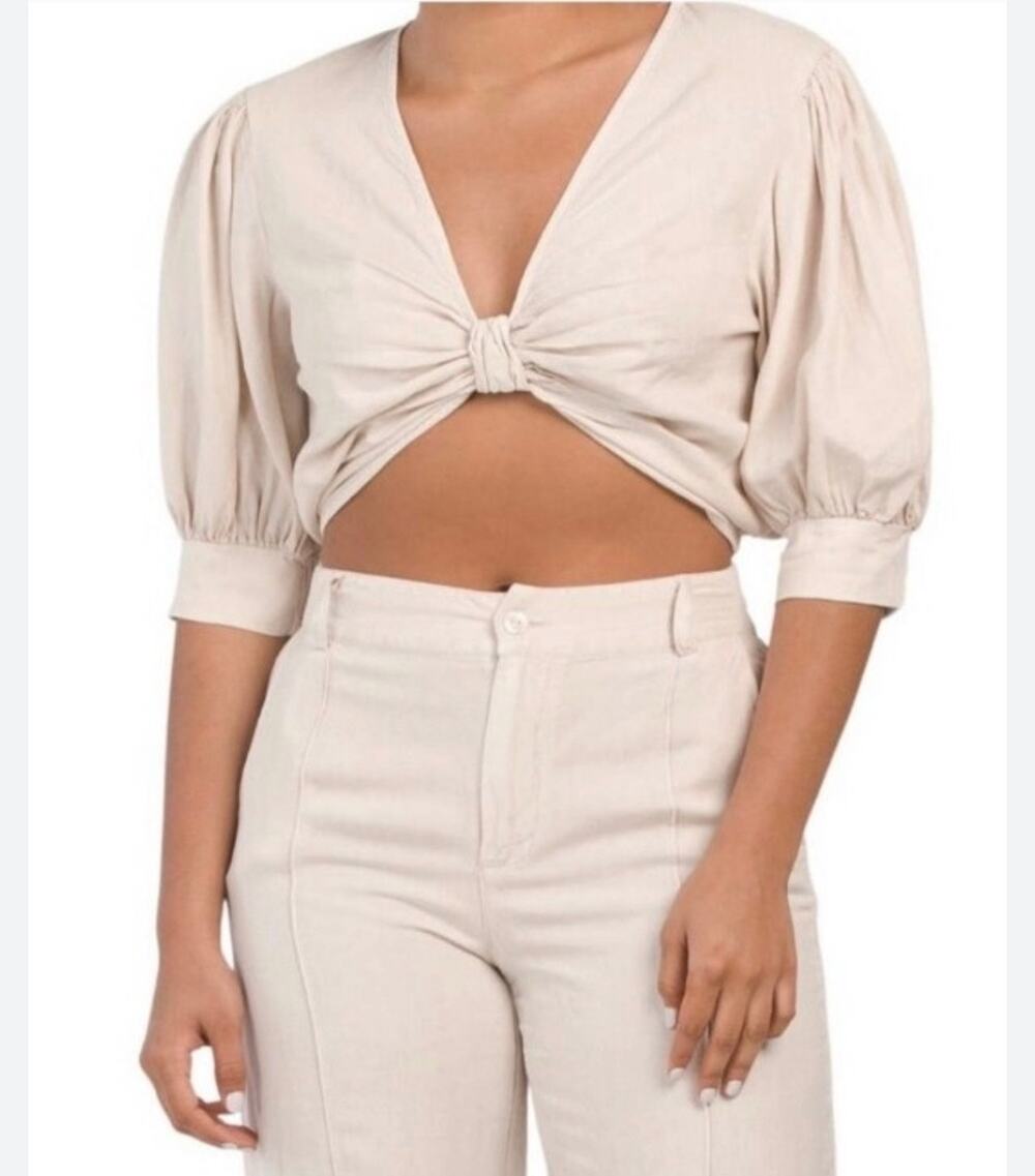 Young Fabulous & Broke NWOT Women's Cream 100% Linen Cropped Miranda Top Sz M